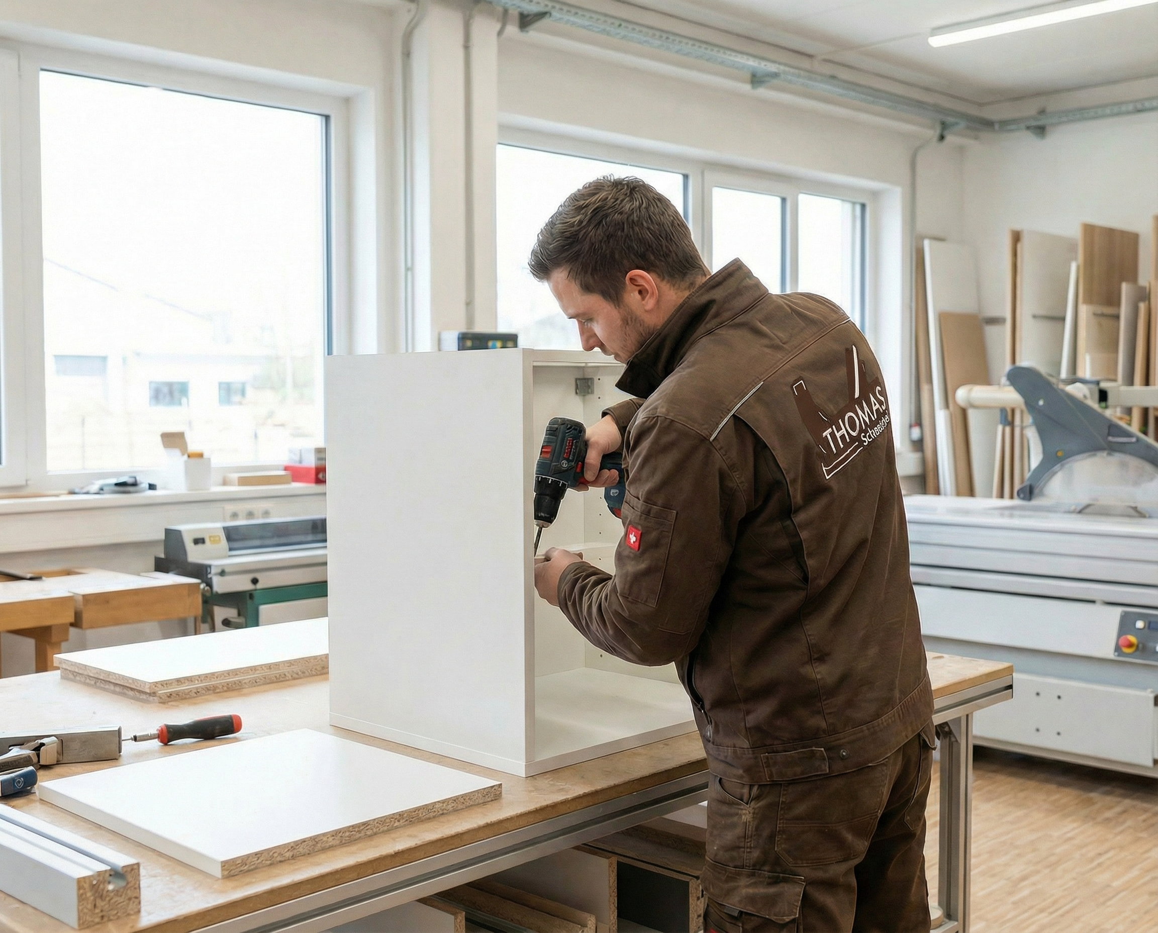 Tischler bei der Arbeit in der Werkstatt – Schreinerei Thomas Fritzlar